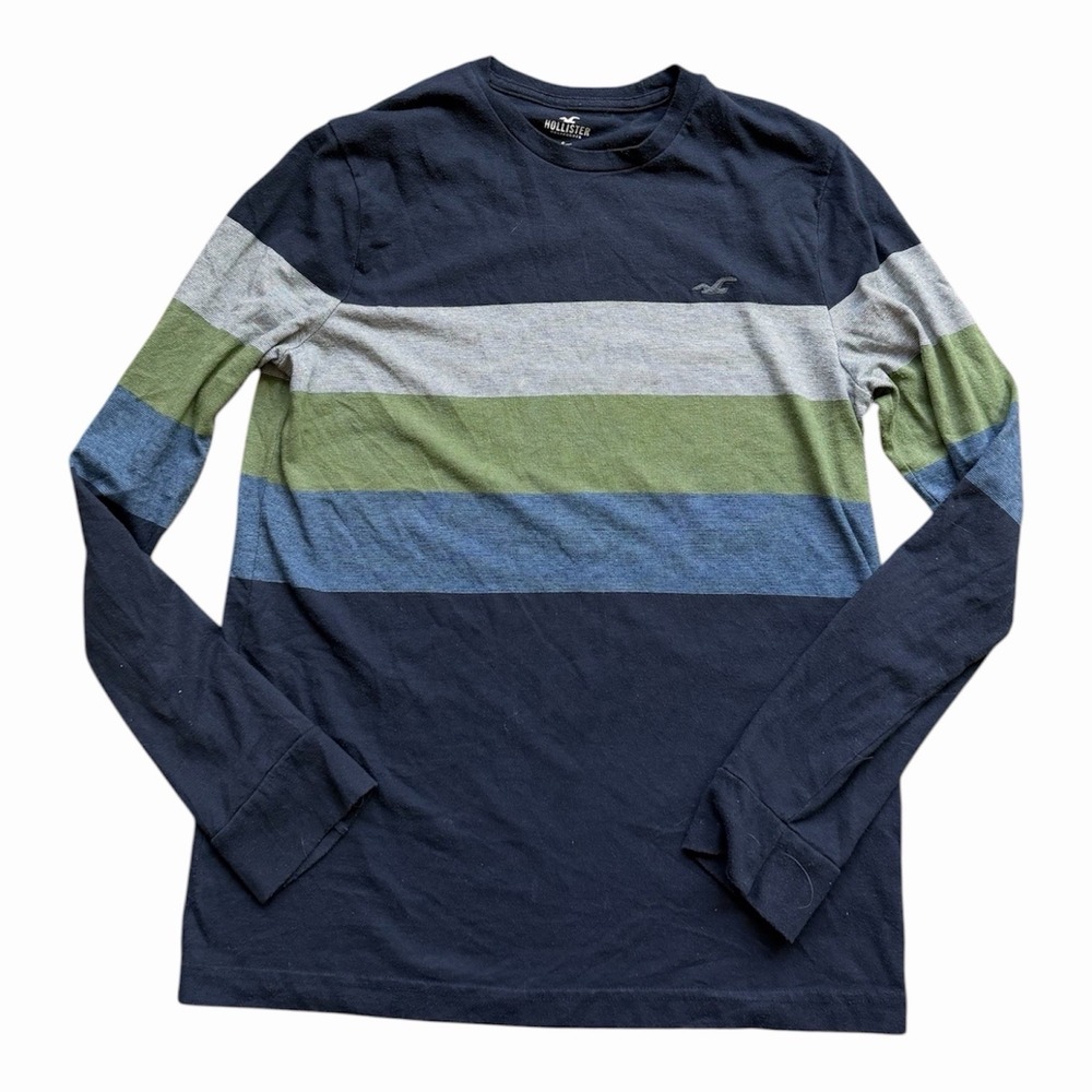 Hollister Men's Striped Surf/ Skate Style Long Sleeve Tee, Men's Small Navy Blue
